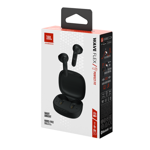 JBL Wave Flex True Wireless Earbuds, Deep Base Sound, Comfortable Fit, 32H Battery, Smart Ambient + Talkthru, Hands-Free Call, VoiceAware, Water and Dust Resistant - Black, JBLWFLEXBLK